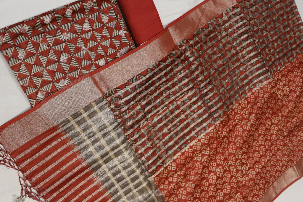 Red Banarasi Pure Chanderi Silk Hand Blocked and Woven Unstitched Suit Set With Pure Chanderi Silk Hand Blocked Woven Dupatta The Banarasee Aura