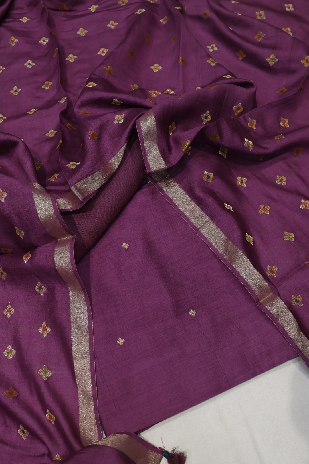 Purple Banarasi Pure Chiniya Silk Kadhwa Woven Unstitched Suit Set With Pure Chiniya Silk Woven Hand Painted Dupatta The Banarasee Aura