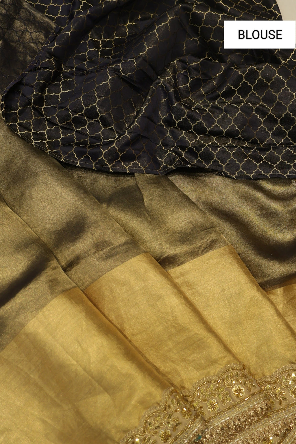 Antique Golden Pure Banarasi Tissue Silk Saree With Contrast Brocade Woven Blouse The Banarasee Aura