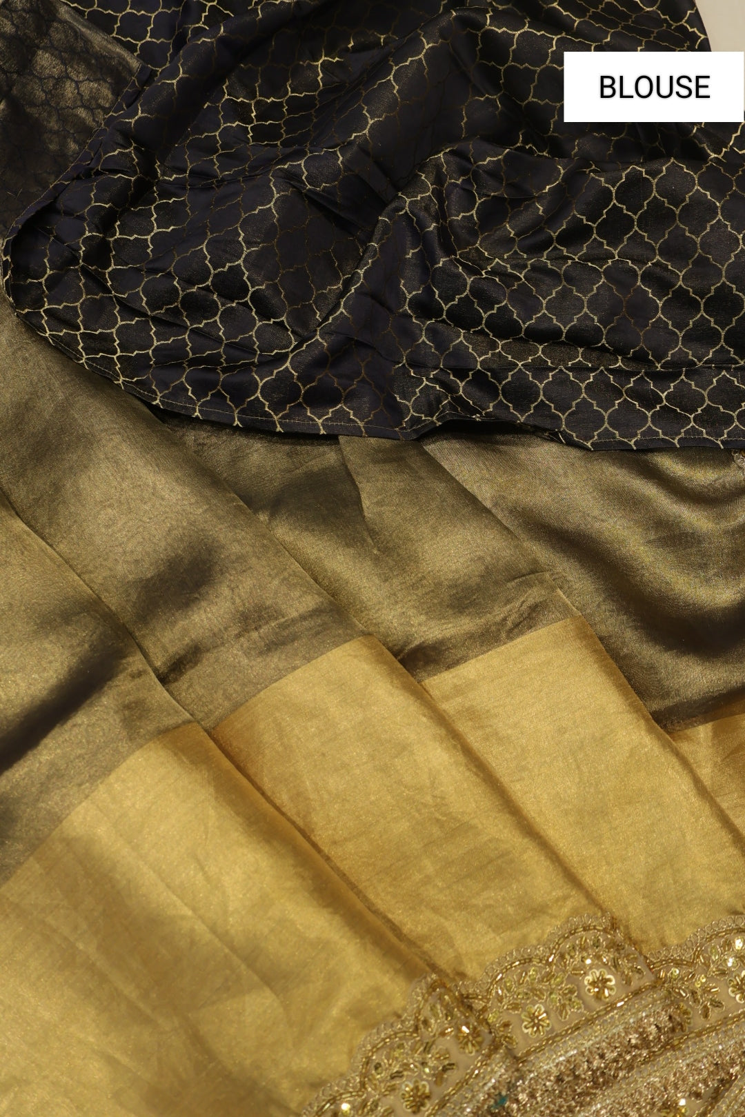 Antique Golden Pure Banarasi Tissue Silk Saree With Contrast Brocade Woven Blouse The Banarasee Aura