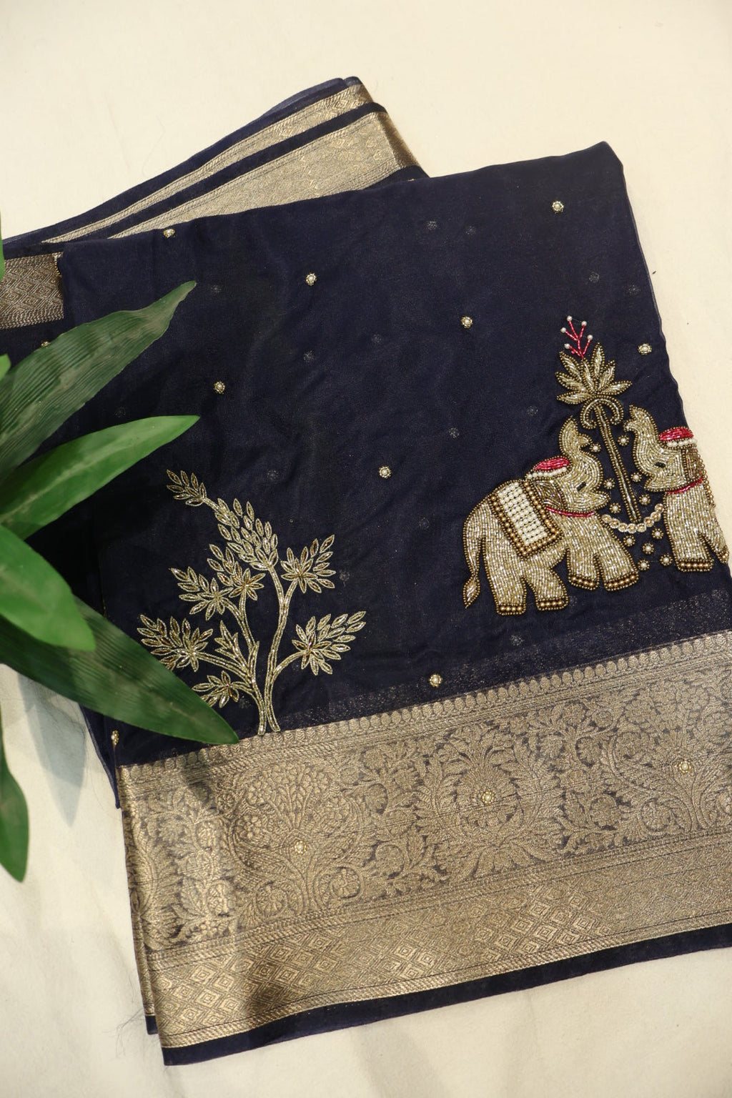 Navy Blue Banarasi Kora Silk Hand Embroidered Saree With Blouse The Banarasee Aura