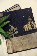 Navy Blue Banarasi Kora Silk Hand Embroidered Saree With Blouse The Banarasee Aura