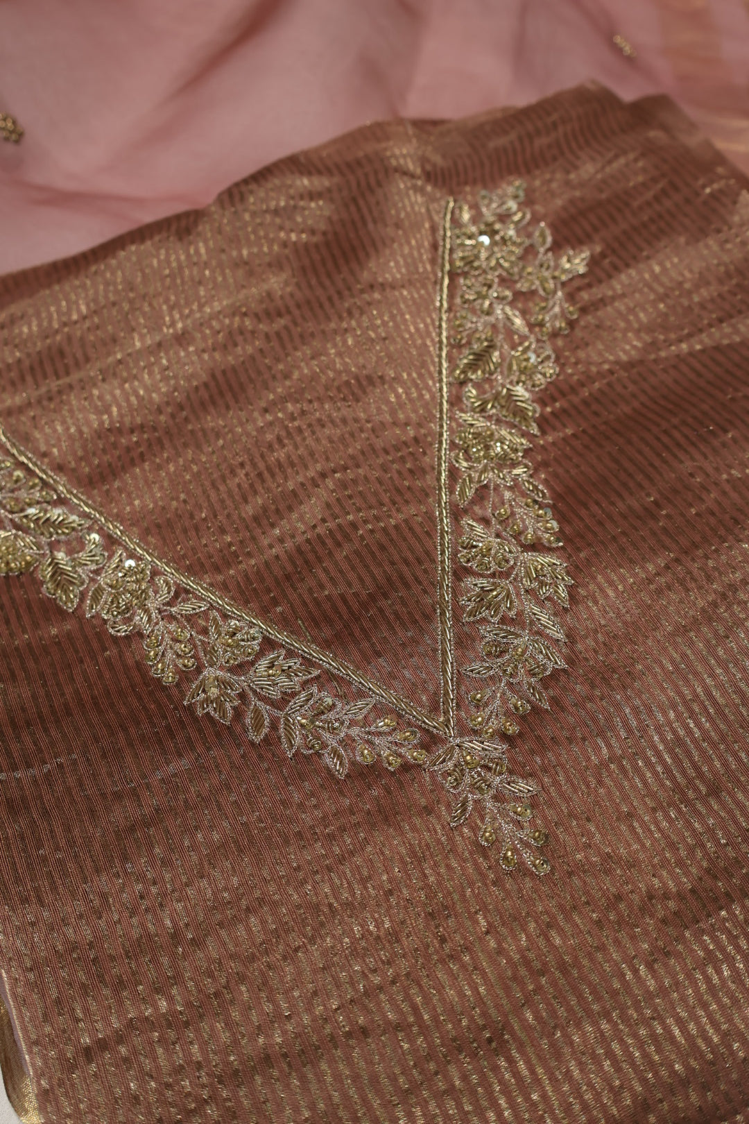 Rose Brown Banarasi Pure Tissue Stripes Hand Embroidered Unstitched Suit Set with Pure Organza Hand Embroidered Dupatta The Banarasee Aura