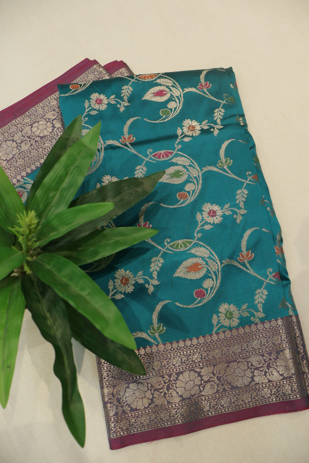 Teal Blue Banarasi Katan Silk Golden Zari with Tilfi Meenakari Weaved Saree With Blouse The Banarasee Aura