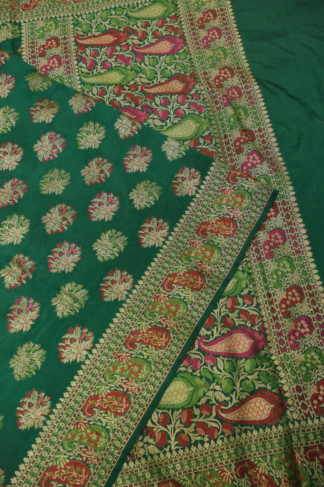 Bottle Green Russian Silk Banarasi Golden Zari with Tilfi Meenakari Weaved Saree With Blouse The Banarasee Aura