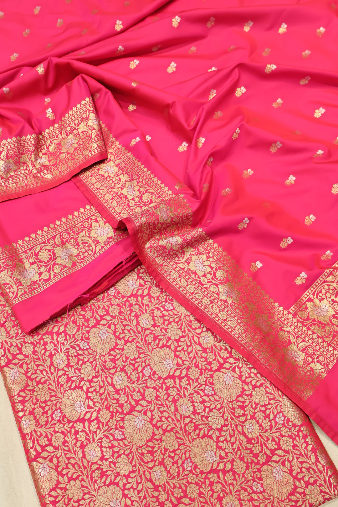Rani Pink Katan Silk Brocade Sona Roopa Woven Banarasi Unstitched Suit Set With Katan Silk Sona Roopa Woven Dupatta The Banarasee Aura