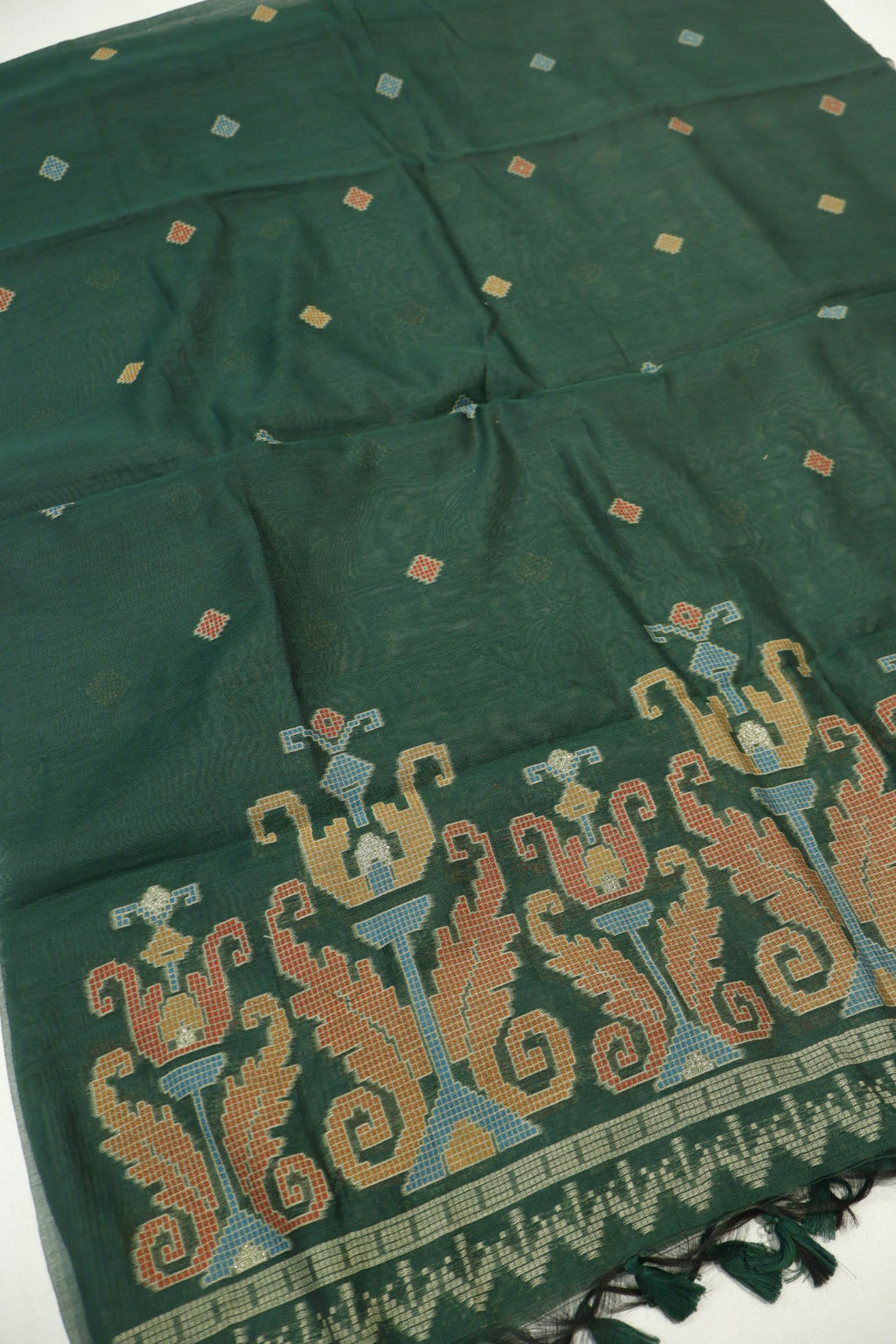 Bottle Green Banarasi Chanderi Silk Blend Jamdani Woven Unstitched Suit Set With Chanderi Woven Dupatta The Banarasee Aura