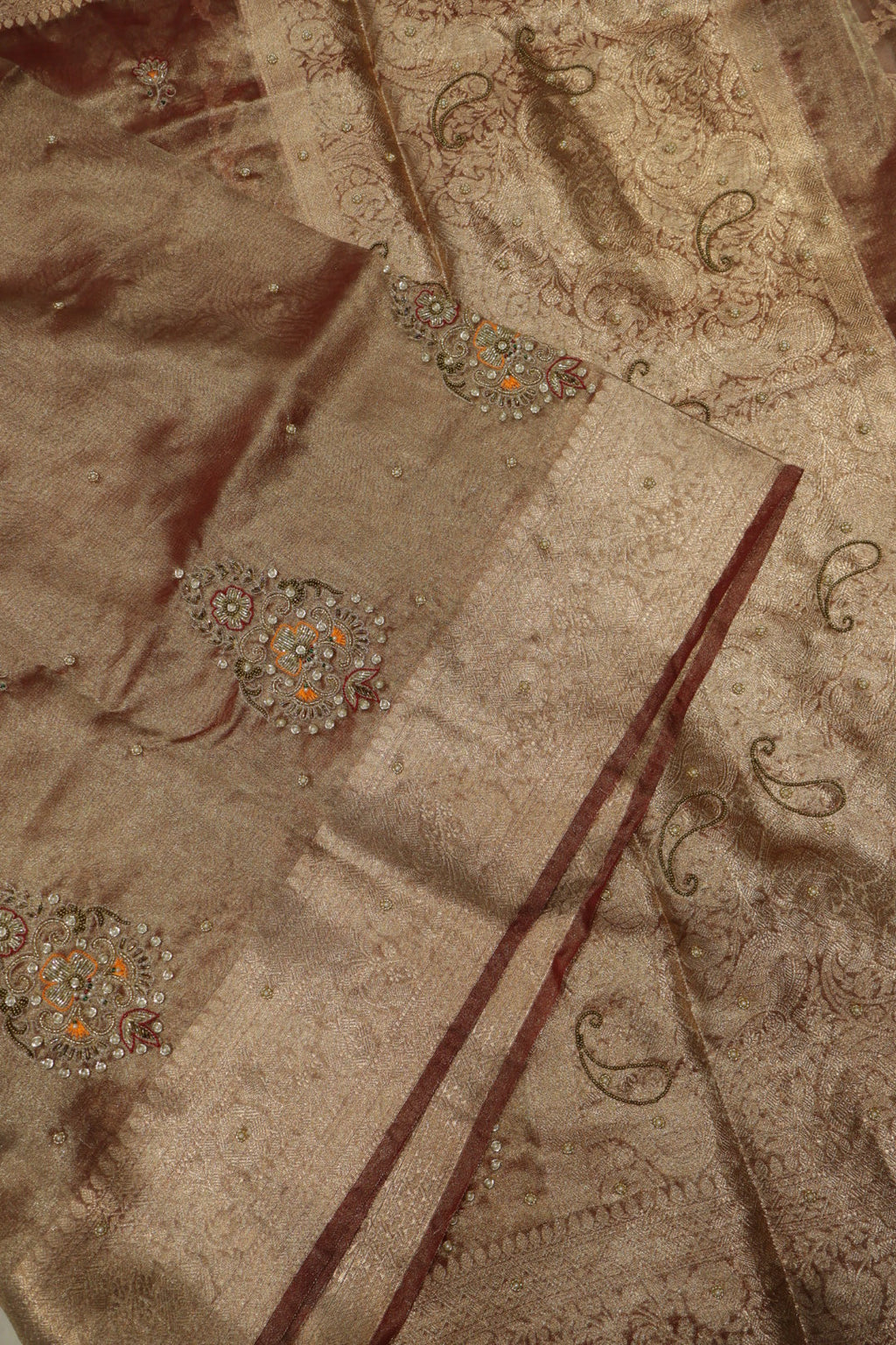 Maroon - Gold Banarasi Tissue Organza Hand Embroidered Saree With Hand Embroidered Blouse The Banarasee Aura