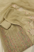 Olive Green Crushed Tissue Hand Embroidered Unstitched Suit Set with Chanderi Embroidered Dupatta The Banarasee Aura