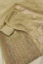 Olive Green Crushed Tissue Hand Embroidered Unstitched Suit Set with Chanderi Embroidered Dupatta The Banarasee Aura