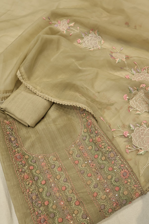 Olive Green Crushed Tissue Hand Embroidered Unstitched Suit Set with Chanderi Embroidered Dupatta The Banarasee Aura