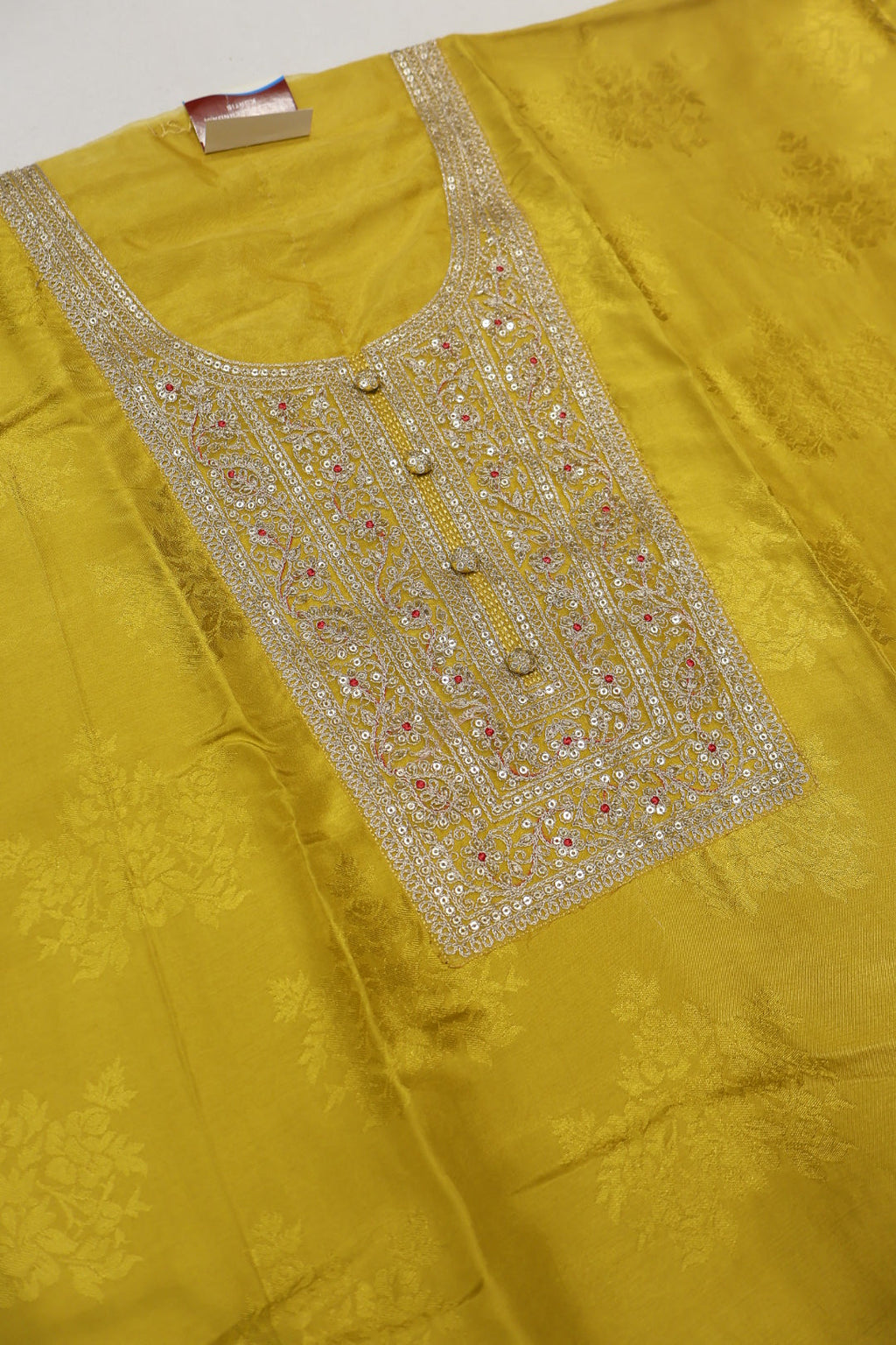 Mustard Uppada Silk Embroidered and Self Woven Unstitched Suit Set With Uppada Silk Digital Printed Dupatta The Banarasee Aura