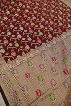 Deep Maroon Russian Silk Banarasi Golden Zari with Tilfi Meenakari Weaved Saree With Blouse The Banarasee Aura