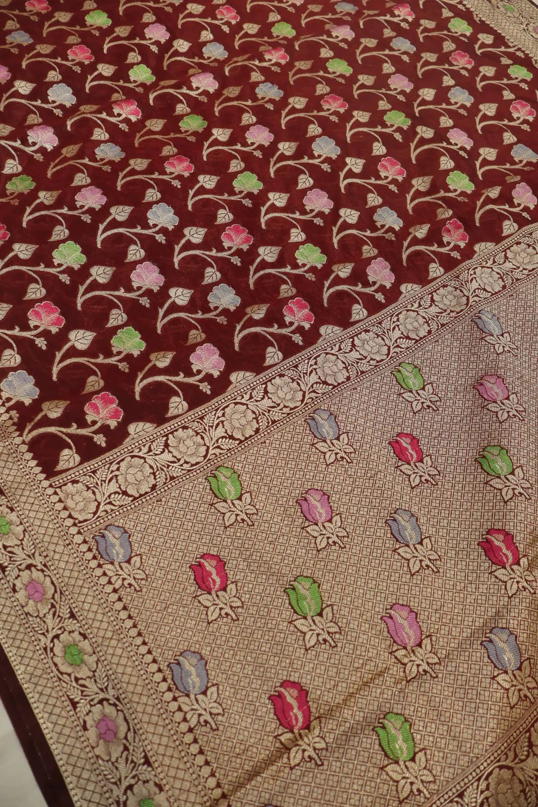 Deep Maroon Russian Silk Banarasi Golden Zari with Tilfi Meenakari Weaved Saree With Blouse The Banarasee Aura