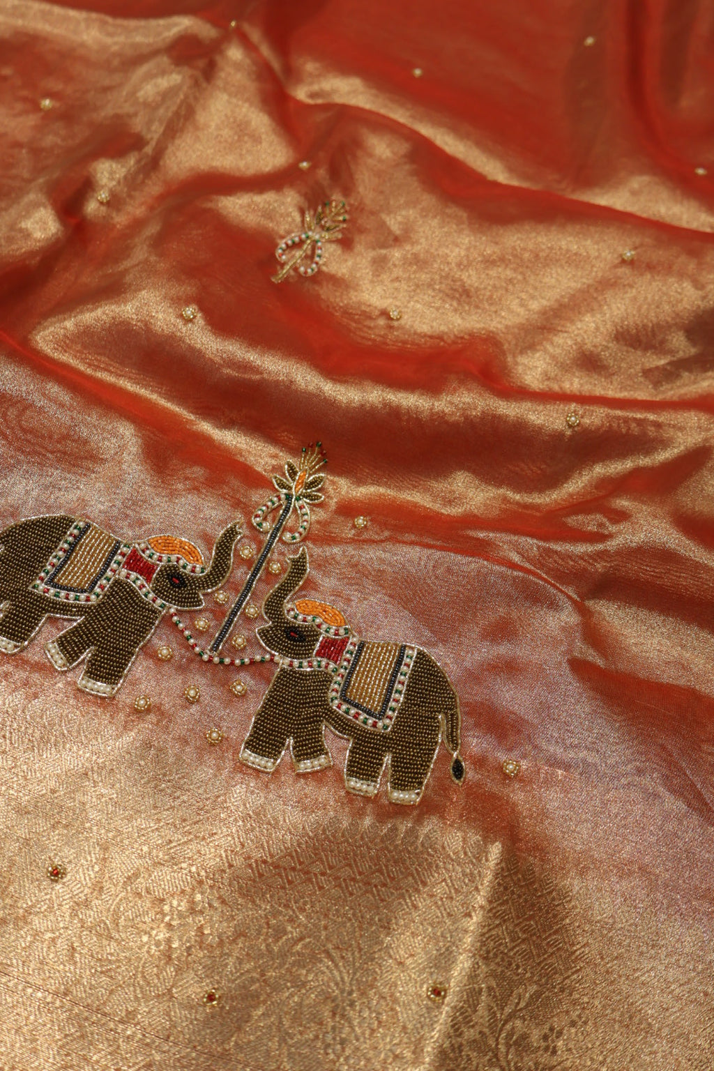 Rust - Gold Banarasi Tissue Organza Hand Embroidered Saree With Hand Embroidered Blouse The Banarasee Aura