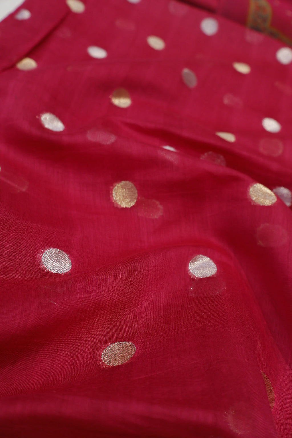 Rani Pink Pure Mul Chanderi Sona Roopa Woven Unstitched Suit Set With Pure Mul Chanderi Digital Printed and Tissue Border Dupatta The Banarasee Aura