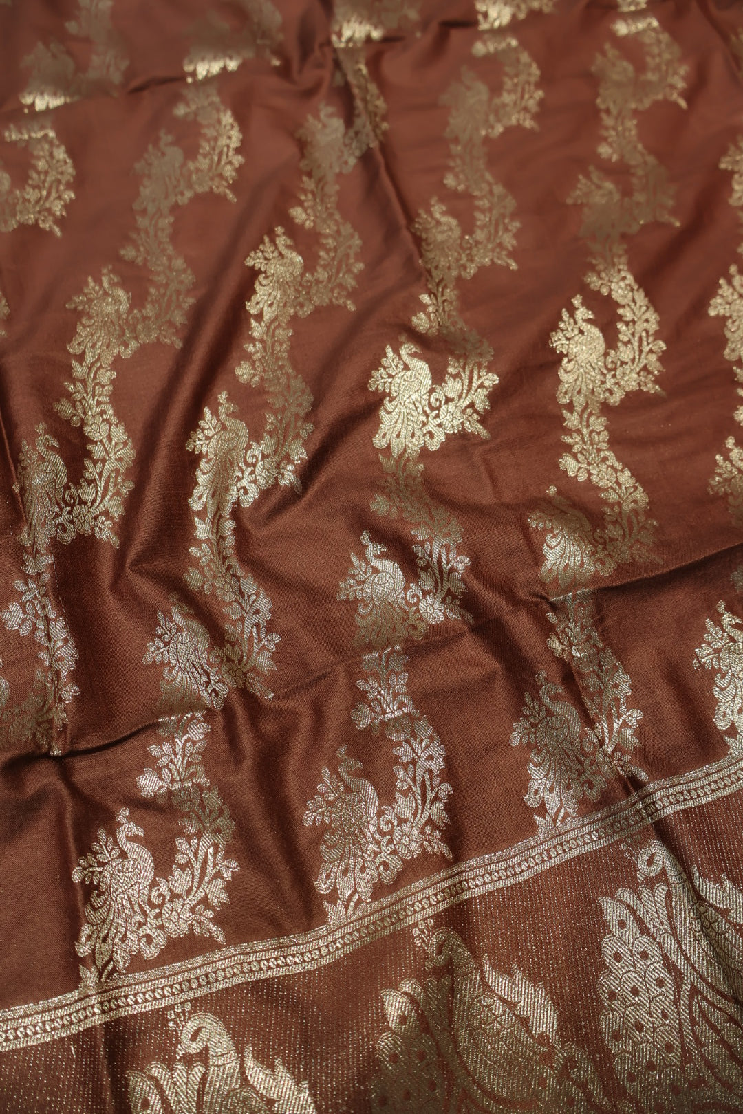 Brown Katan Silk Shikargah Woven Unstitched Banarasi Suit Set The Banarasee Aura