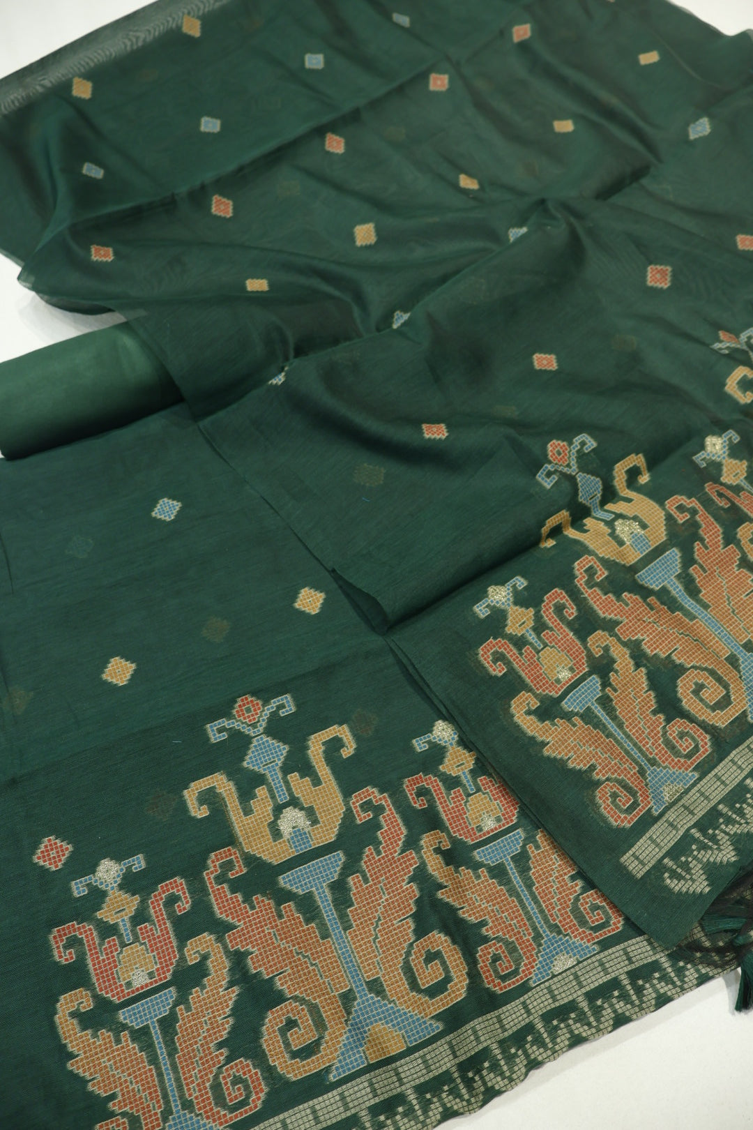 Bottle Green Banarasi Chanderi Silk Blend Jamdani Woven Unstitched Suit Set With Chanderi Woven Dupatta The Banarasee Aura