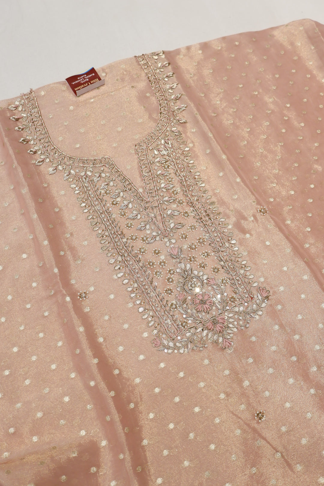 Peach Tissue Silk Hand Embroidered and Woven Unstitched Suit Set With Tissue Silk Woven Dupatta The Banarasee Aura