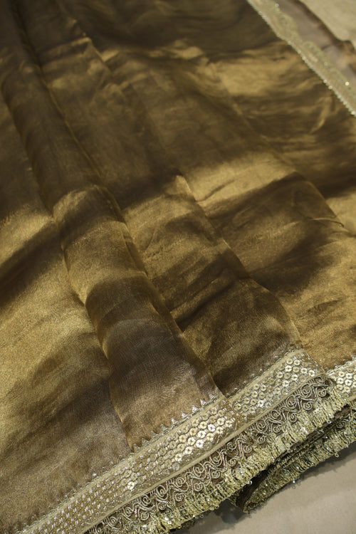 Antique Golden Pure Banarasi Tissue Silk Saree With Contrast Brocade Blouse The Banarasee Aura