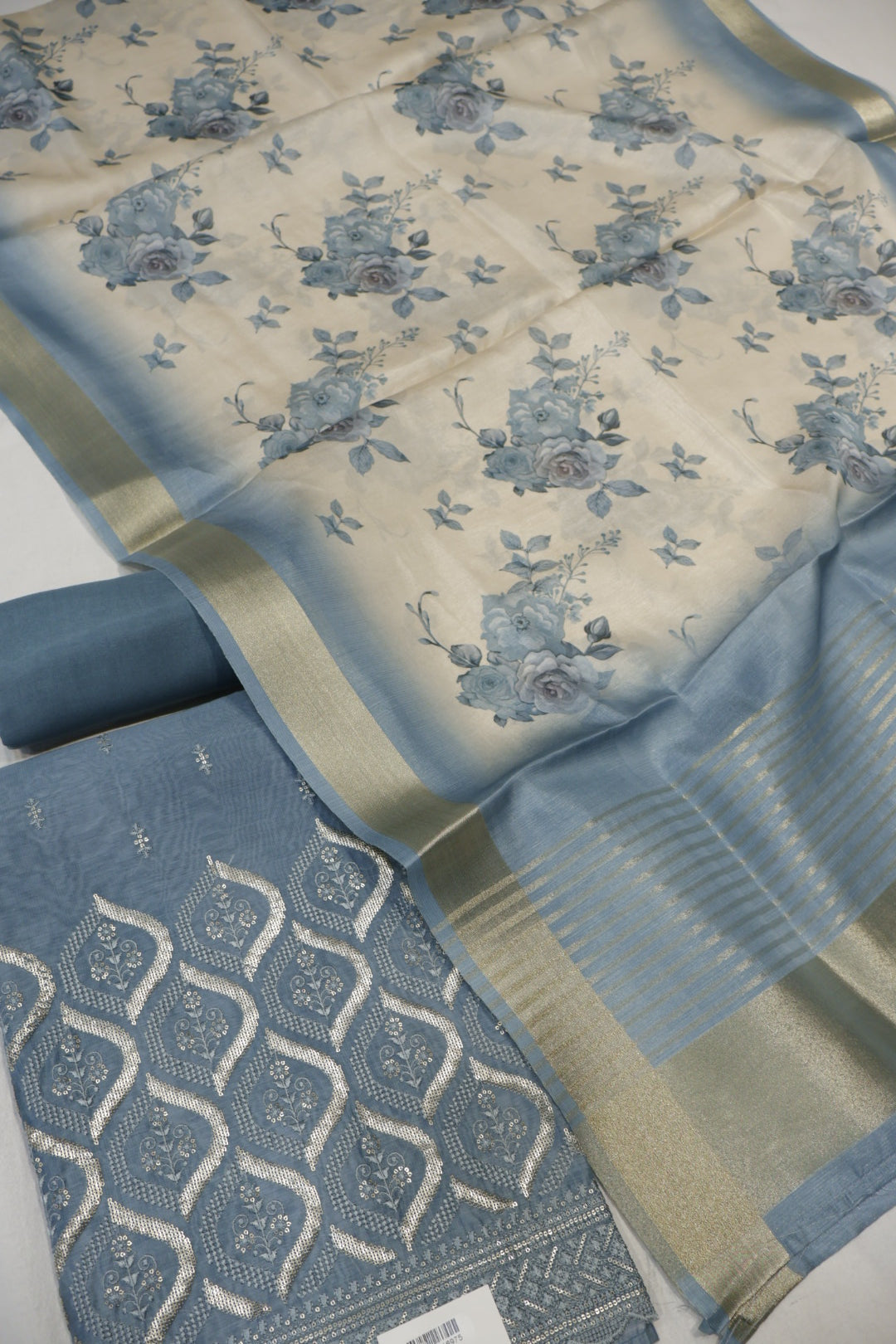 Dusty Steel Blue Embroidered Unstitched Suit Set With Chanderi Digital Printed Dupatta The Banarasee Aura