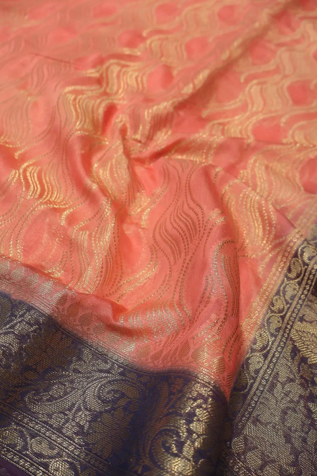 Peach Pure Mal Chanderi Banarasi Golden Zari Weaved Saree With Blouse The Banarasee Aura