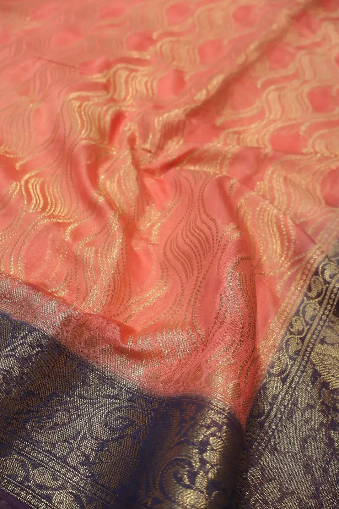 Peach Pure Mal Chanderi Banarasi Golden Zari Weaved Saree With Blouse The Banarasee Aura