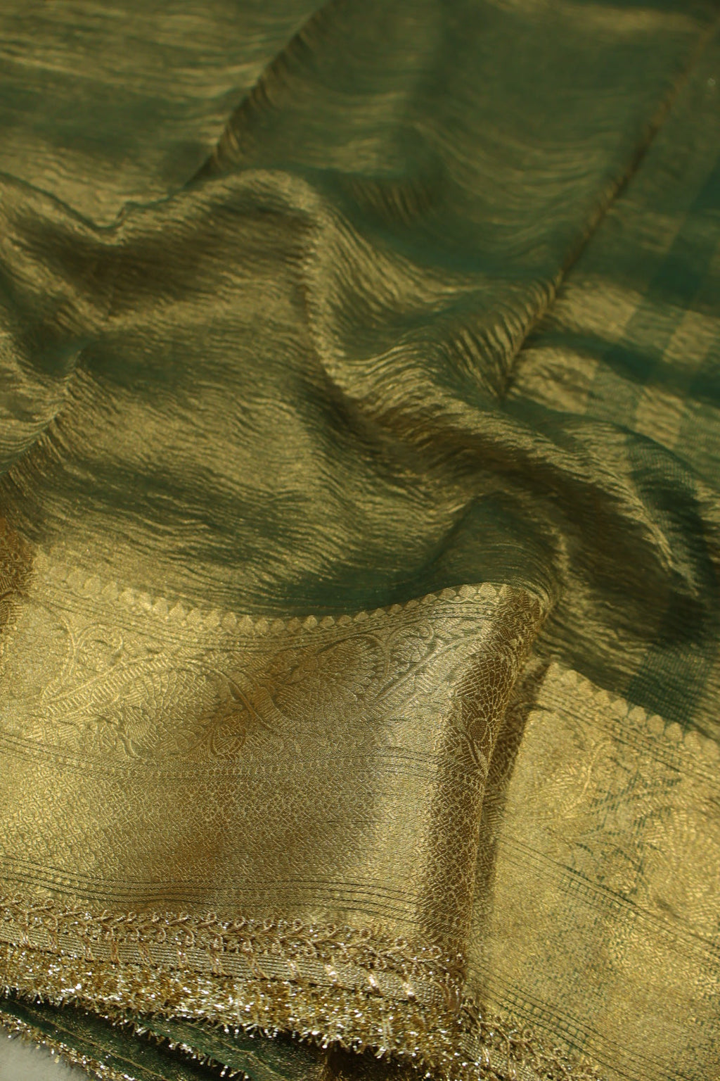 Green Pure Banarasi Crushed Tissue Silk Saree With Blouse The Banarasee Aura