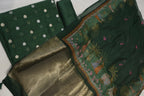 Bottle Green Pure Mul Chanderi Sona Roopa Woven Unstitched Suit Set With Pure Mul Chanderi Digital Printed and Tissue Border Dupatta The Banarasee Aura