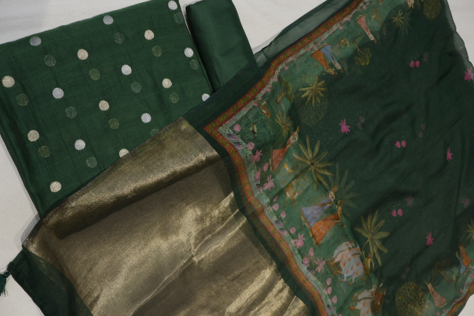 Bottle Green Pure Mul Chanderi Sona Roopa Woven Unstitched Suit Set With Pure Mul Chanderi Digital Printed and Tissue Border Dupatta The Banarasee Aura
