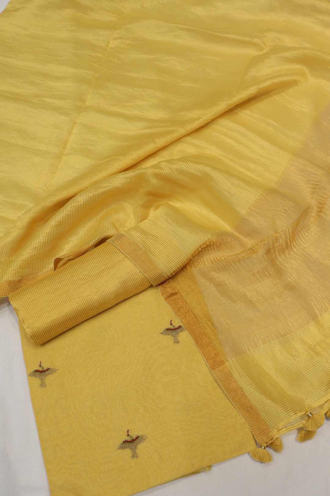 Yellow Banarasi Pure Tissue Silk Hand Embroidered Unstitched Suit Set with Pure Tissue Stripes Dupatta The Banarasee Aura