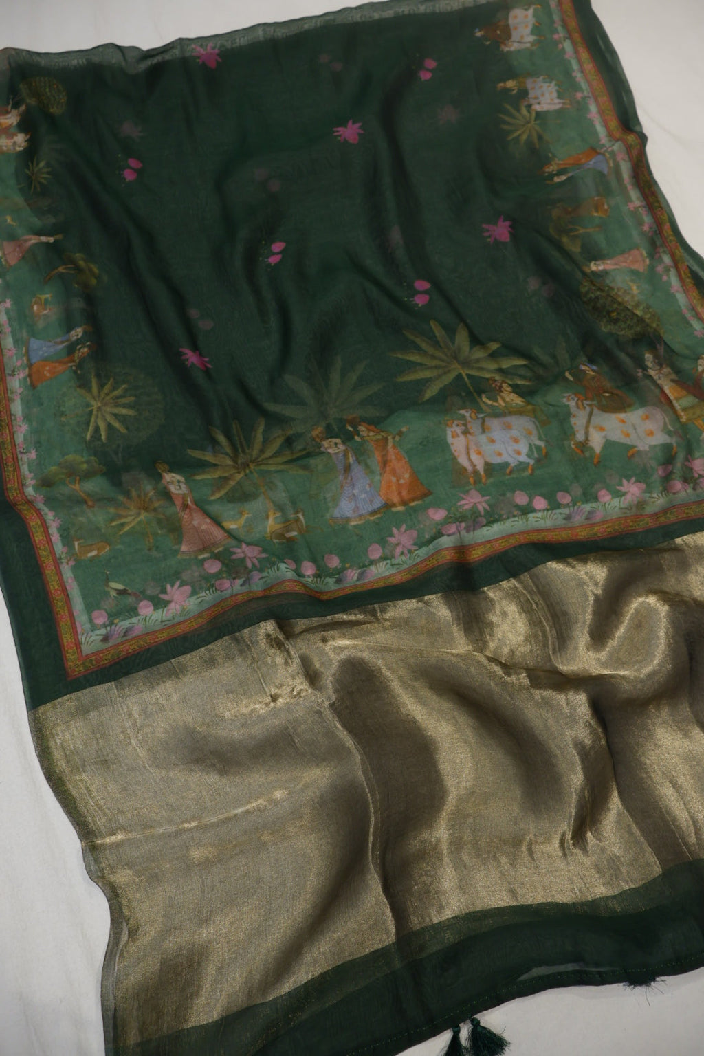 Bottle Green Pure Mul Chanderi Sona Roopa Woven Unstitched Suit Set With Pure Mul Chanderi Digital Printed and Tissue Border Dupatta The Banarasee Aura