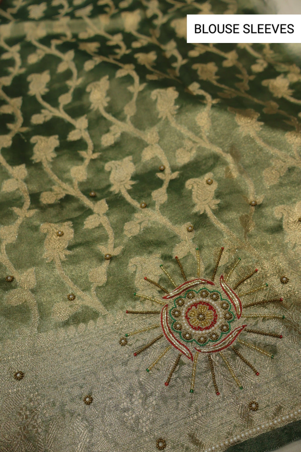 Green - Gold Banarasi Tissue Organza Hand Embroidered Saree With Hand Embroidered Blouse The Banarasee Aura