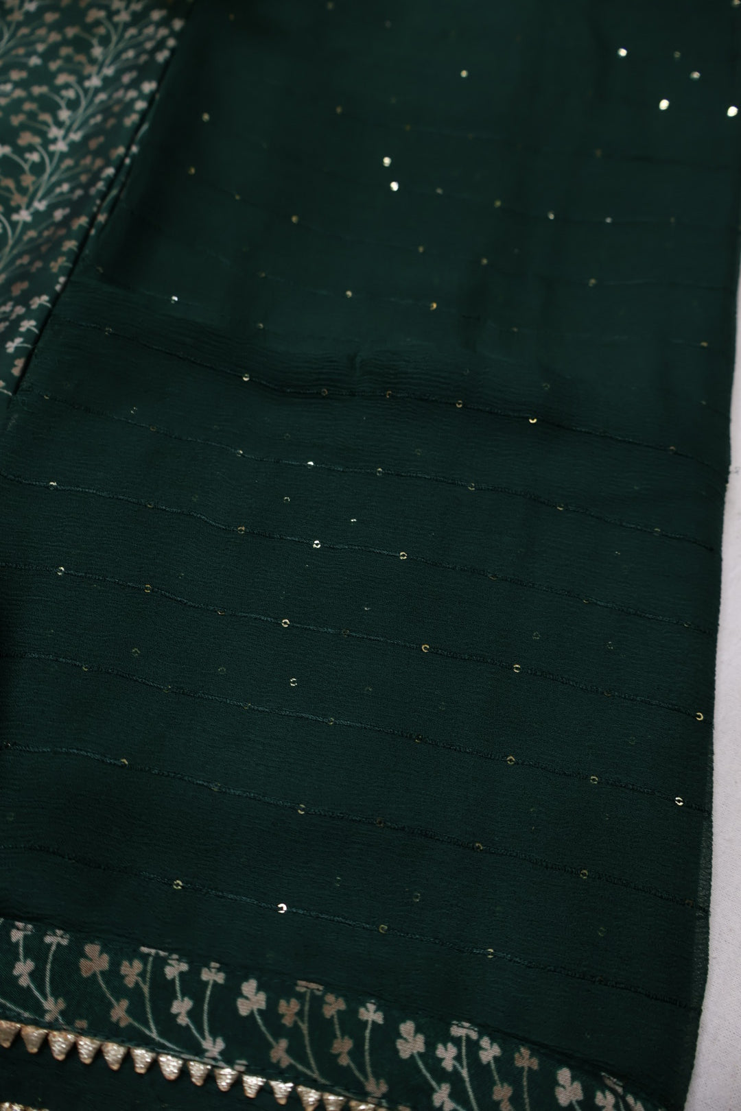 Bottle Green Muslin Printed Unstitched Suit Set With Chiffon Sequins Worked Dupatta The Banarasee Aura