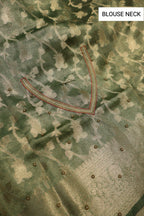 Green - Gold Banarasi Tissue Organza Hand Embroidered Saree With Hand Embroidered Blouse The Banarasee Aura