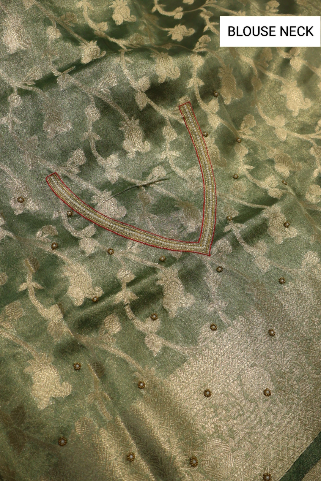 Green - Gold Banarasi Tissue Organza Hand Embroidered Saree With Hand Embroidered Blouse The Banarasee Aura