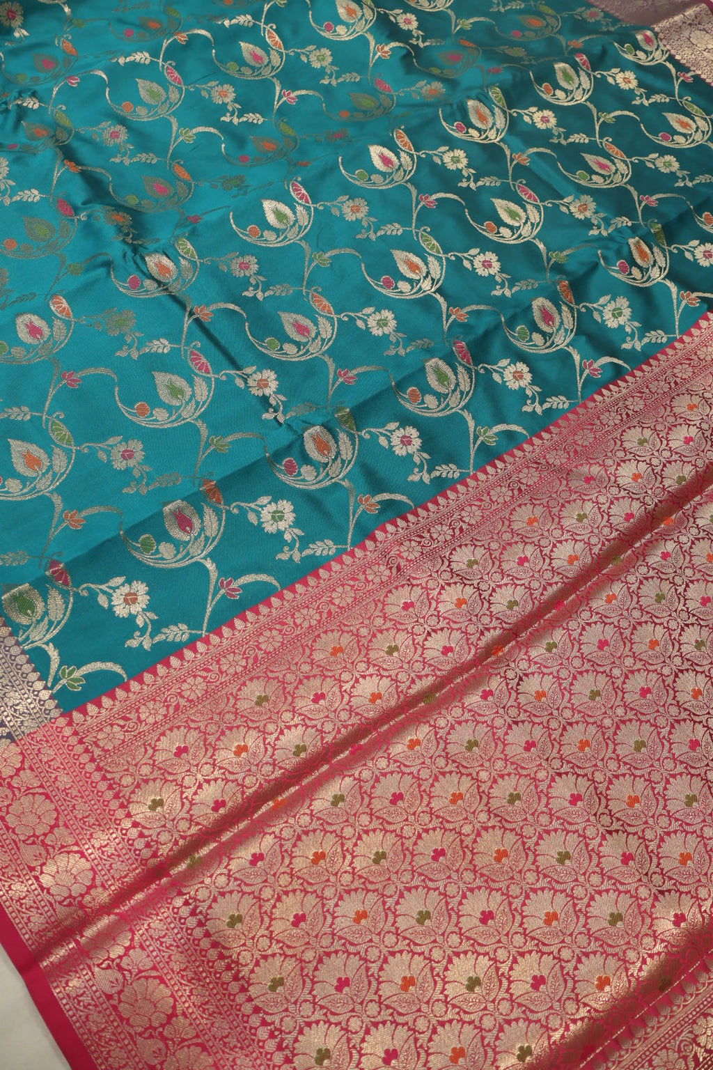 Teal Blue Banarasi Katan Silk Golden Zari with Tilfi Meenakari Weaved Saree With Blouse The Banarasee Aura