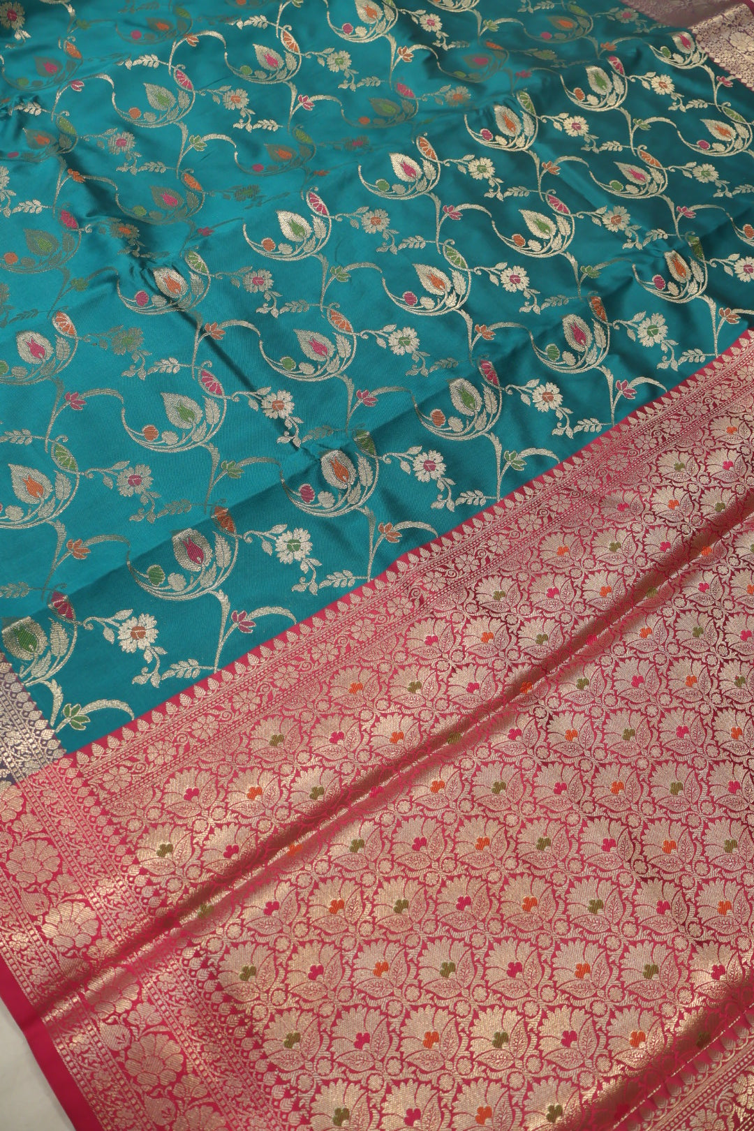Teal Blue Banarasi Katan Silk Golden Zari with Tilfi Meenakari Weaved Saree With Blouse The Banarasee Aura
