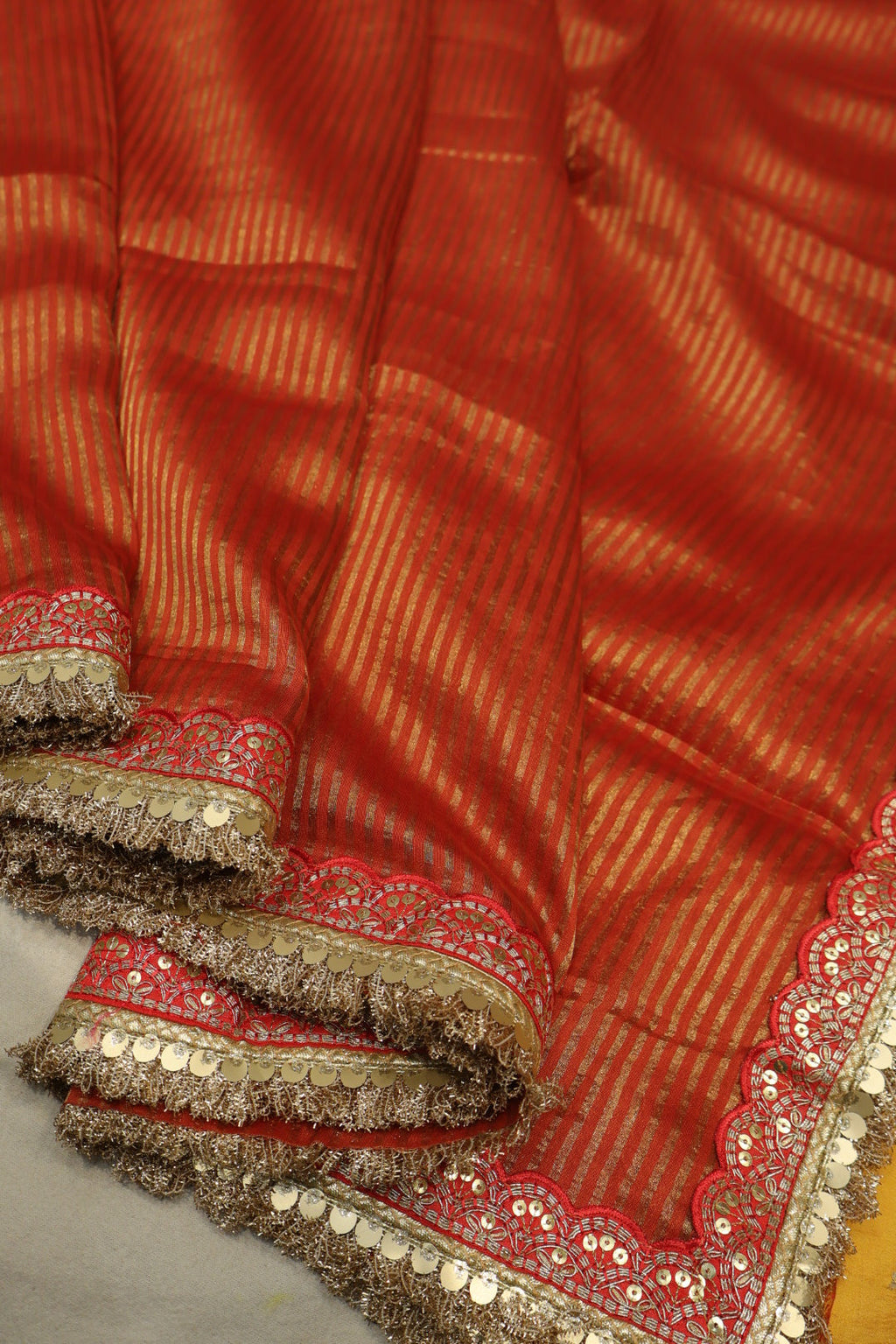 Red Pure Banarasi Tissue Stripes Saree With Contrast Pure Silk Kadhwa Blouse The Banarasee Aura