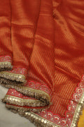 Red Pure Banarasi Tissue Stripes Saree With Contrast Pure Silk Kadhwa Blouse The Banarasee Aura