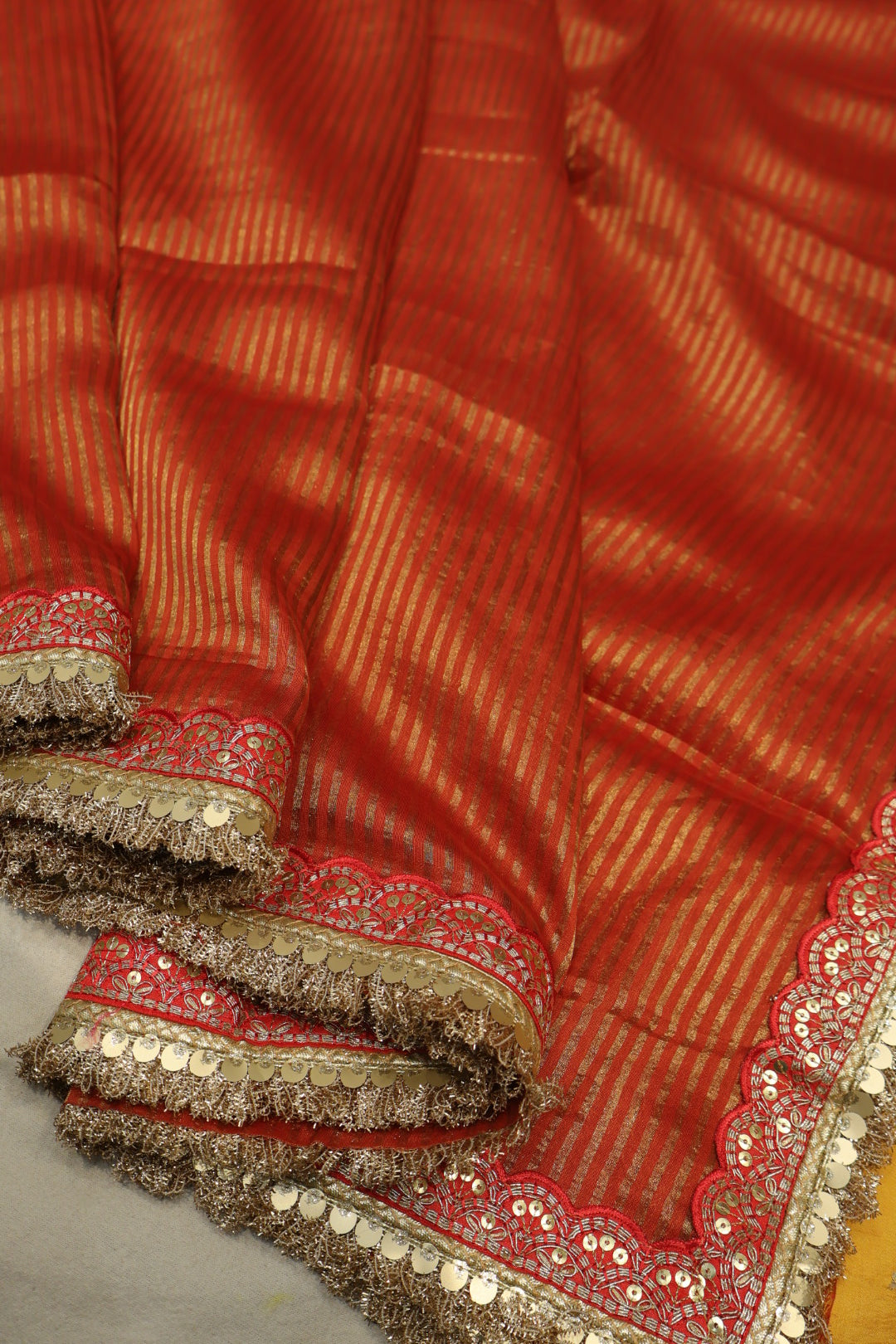 Red Pure Banarasi Tissue Stripes Saree With Contrast Pure Silk Kadhwa Blouse The Banarasee Aura