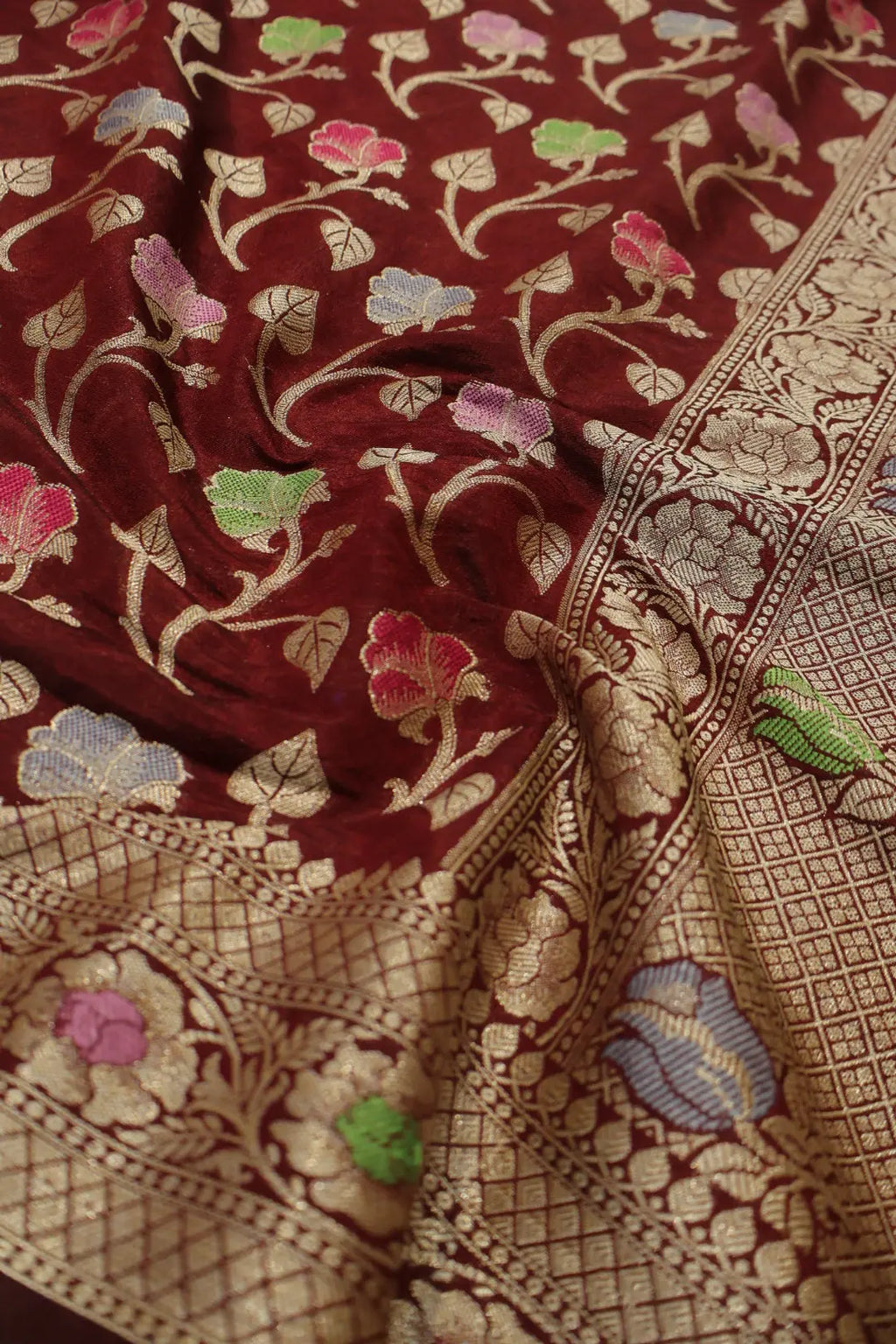Deep Maroon Russian Silk Banarasi Golden Zari with Tilfi Meenakari Weaved Saree With Blouse The Banarasee Aura