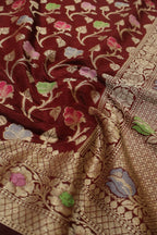 Deep Maroon Russian Silk Banarasi Golden Zari with Tilfi Meenakari Weaved Saree With Blouse The Banarasee Aura