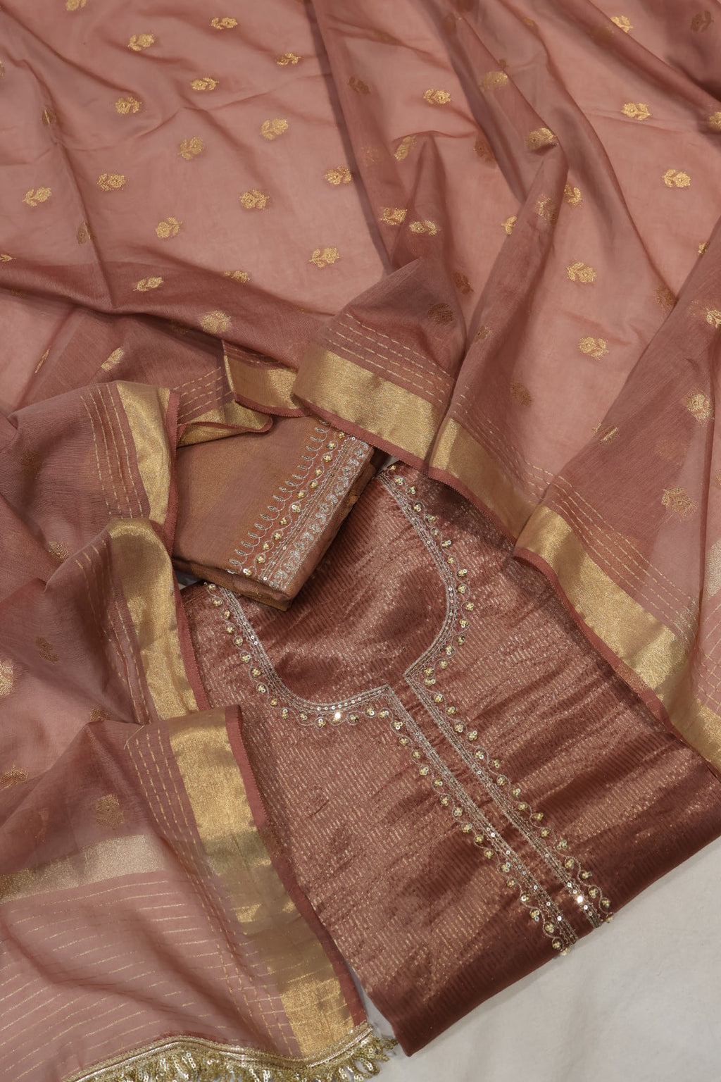 Rose Brown Banarasi Pure Tissue Stripes Hand Embroidered Unstitched Suit Set with Pure Chanderi Silk Woven Dupatta The Banarasee Aura
