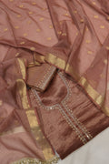 Rose Brown Banarasi Pure Tissue Stripes Hand Embroidered Unstitched Suit Set with Pure Chanderi Silk Woven Dupatta The Banarasee Aura