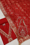 Red Chanderi Hand Embroidered Unstitched Suit Set With Dola Silk Woven Dupatta The Banarasee Aura