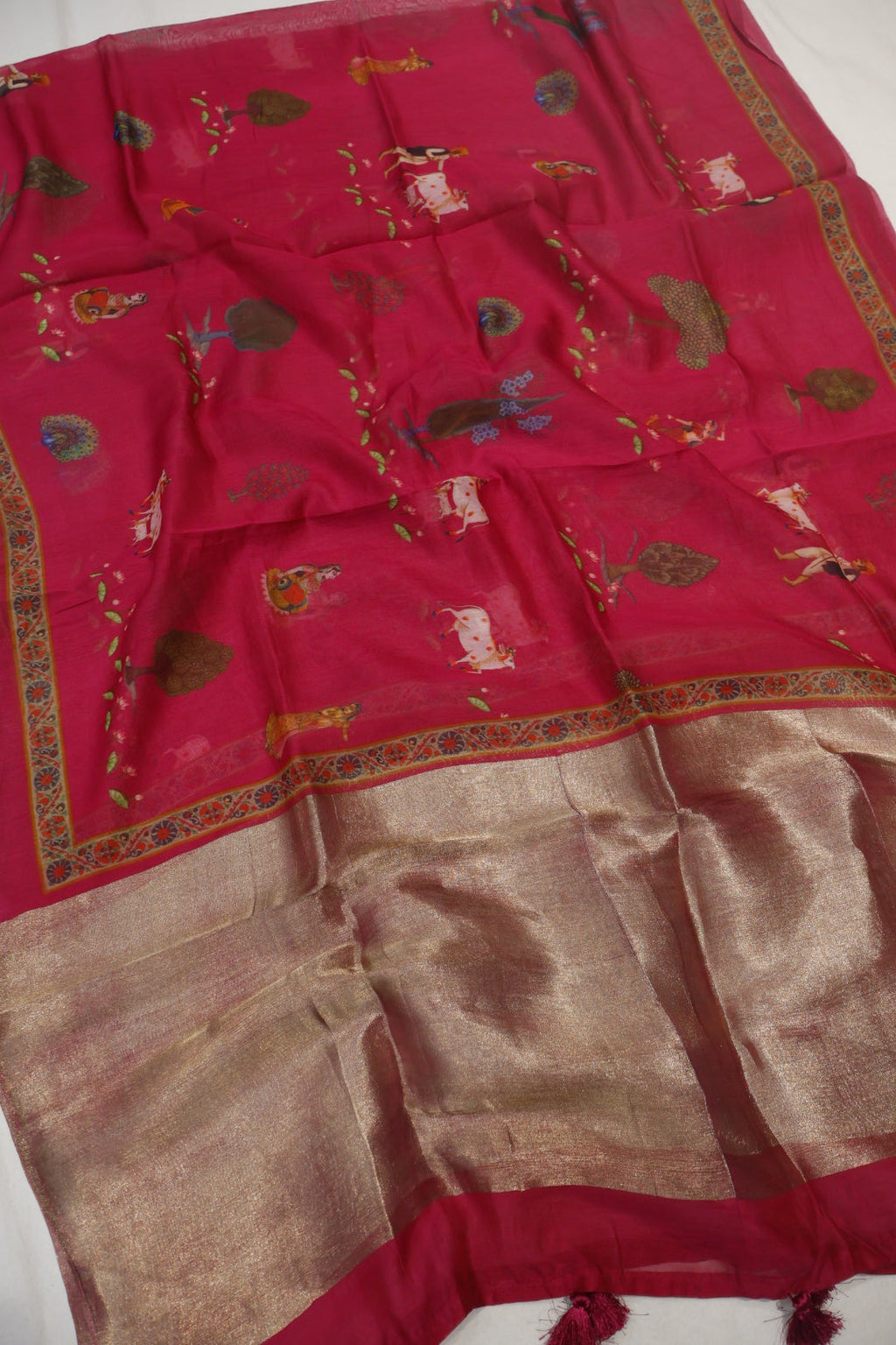 Rani Pink Pure Mul Chanderi Sona Roopa Woven Unstitched Suit Set With Pure Mul Chanderi Digital Printed and Tissue Border Dupatta The Banarasee Aura