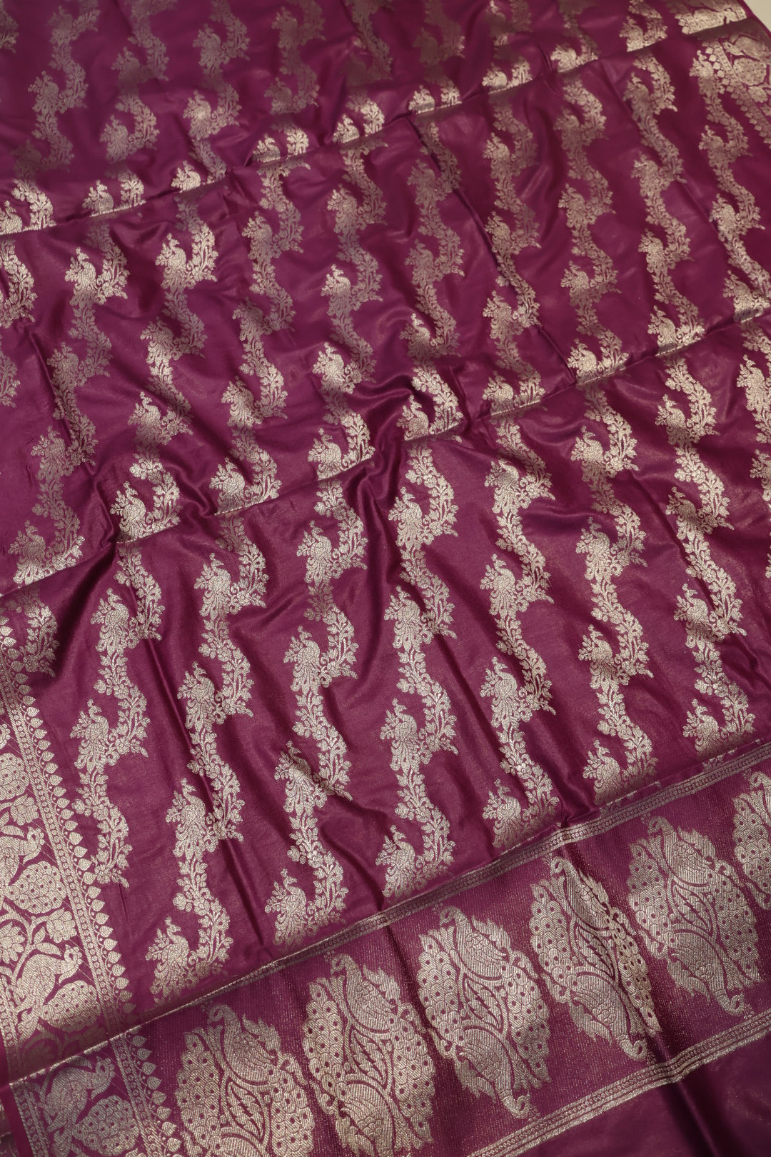 Royal Wine Katan Silk Shikargah Woven Unstitched Banarasi Suit Set The Banarasee Aura