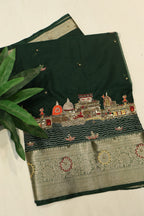 Bottle Green Banarasi Kora Silk Hand Embroidered Banarasi Ghat Saree Without Blouse The Banarasee Aura