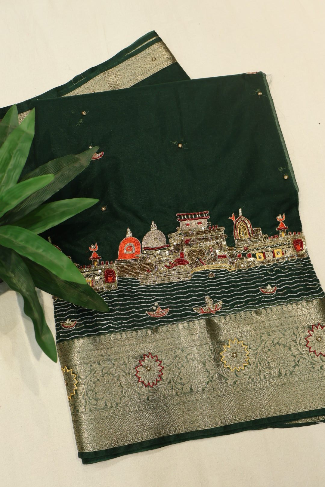 Bottle Green Banarasi Kora Silk Hand Embroidered Banarasi Ghat Saree Without Blouse The Banarasee Aura